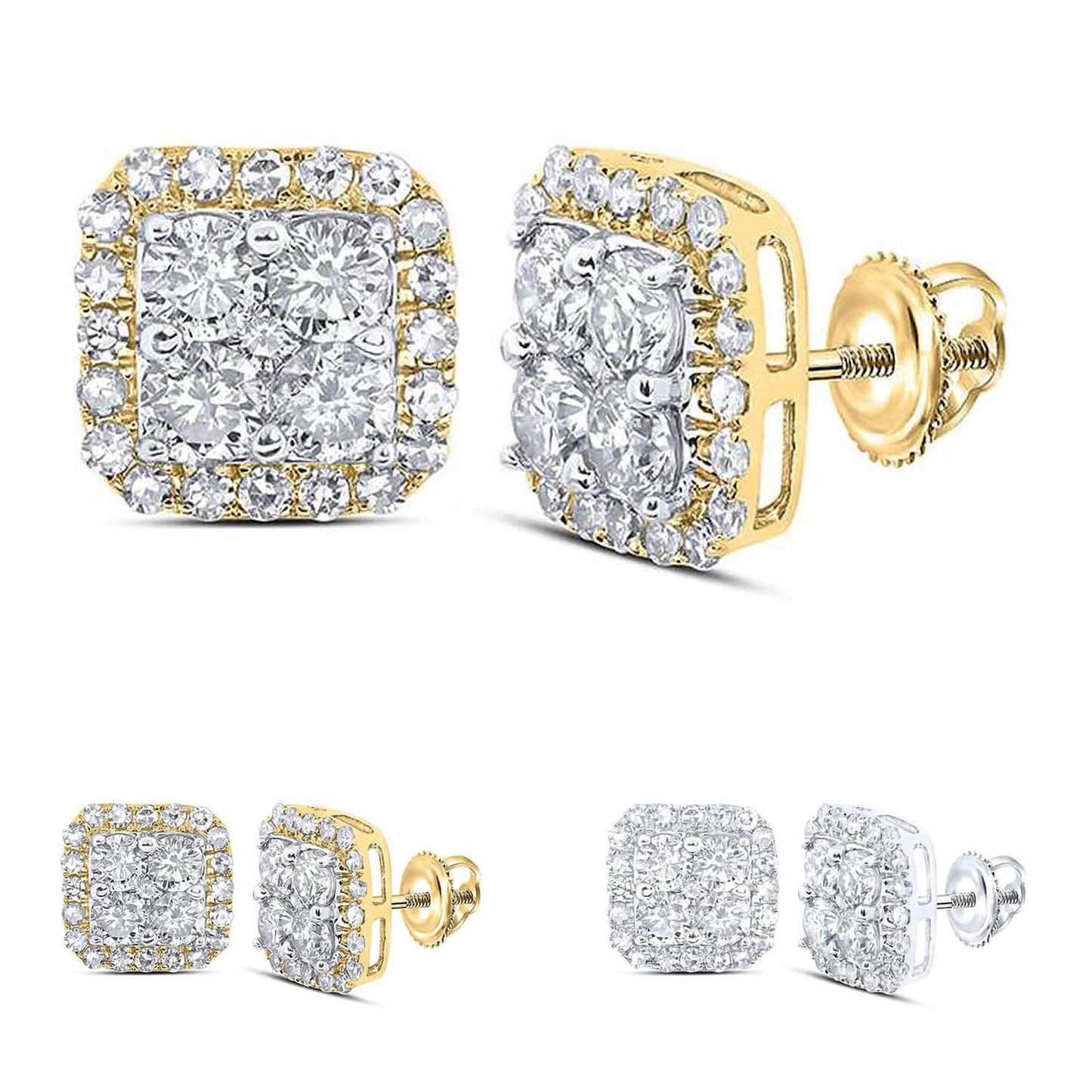 1CTW Real Diamond 10K Gold Round Square Screw Back Stud Earrings