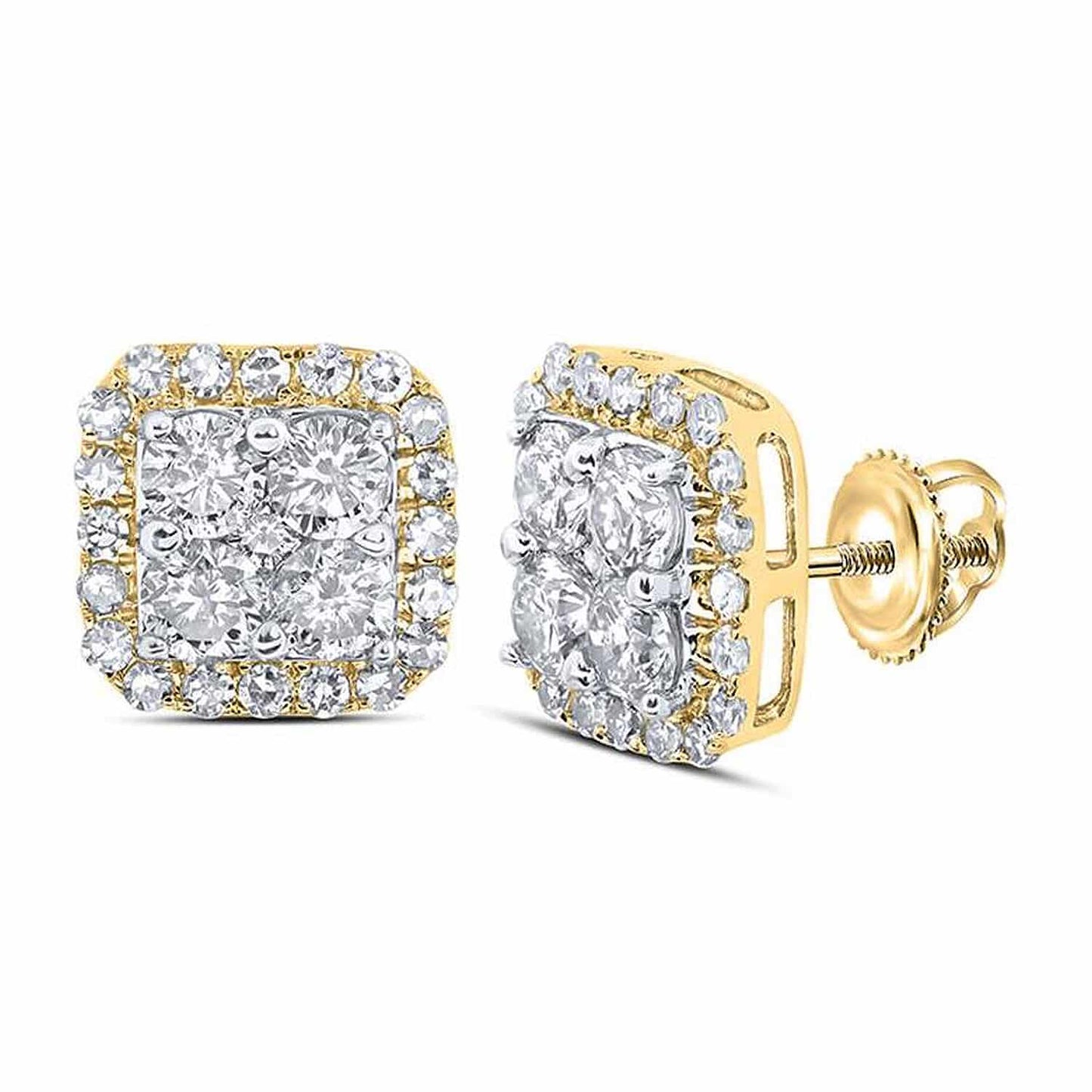 1CTW Real Diamond 10K Gold Round Square Screw Back Stud Earrings