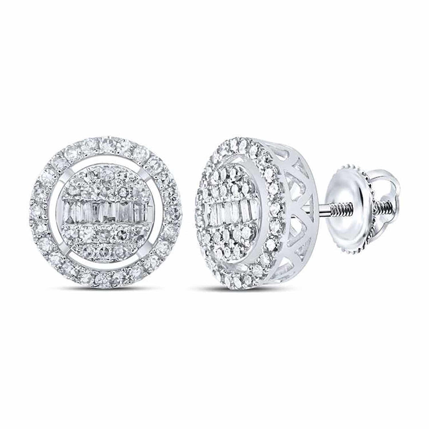 0.50CTW Real Diamond 10K Gold Round Baguette Circle Stud Earrings