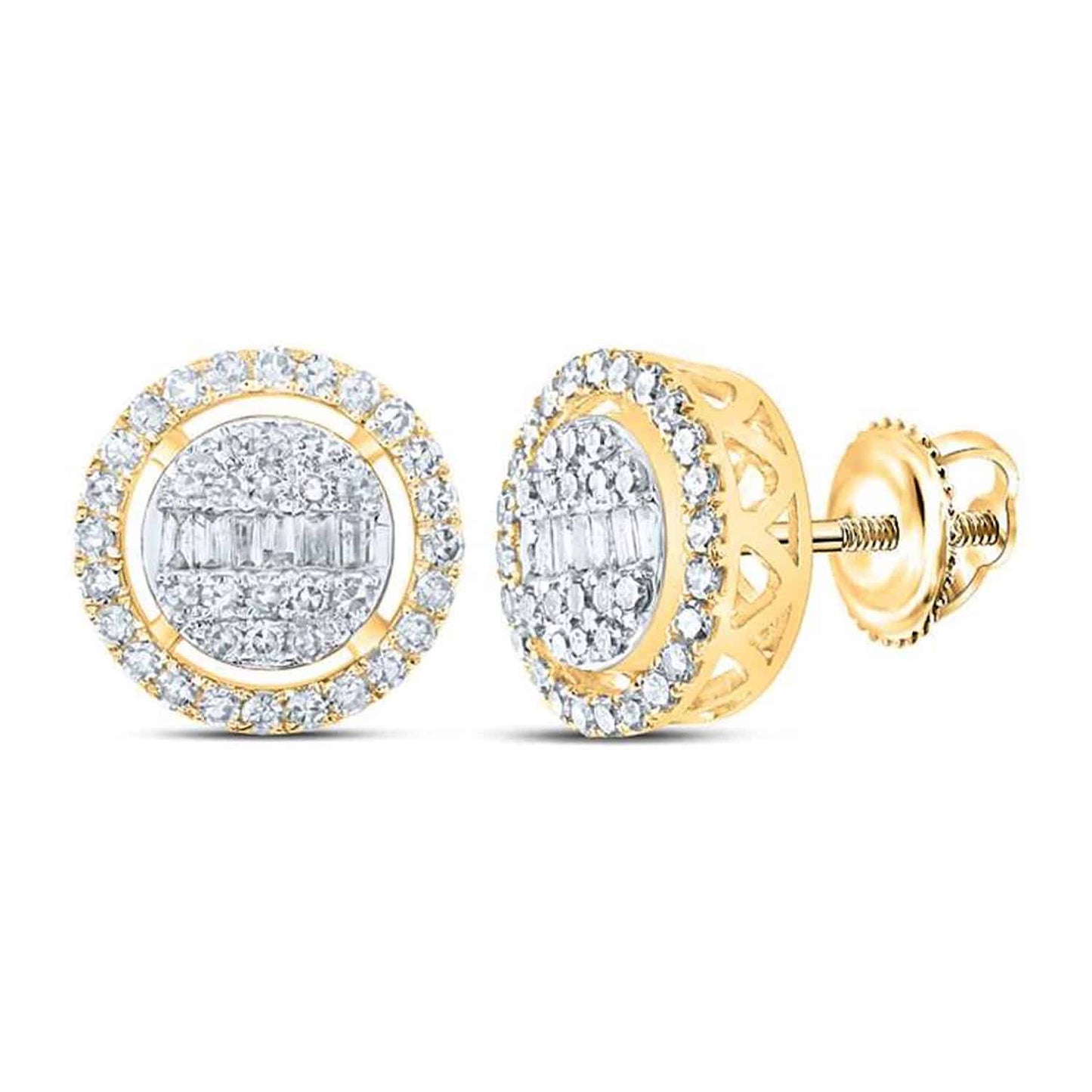 0.50CTW Real Diamond 10K Gold Round Baguette Circle Stud Earrings