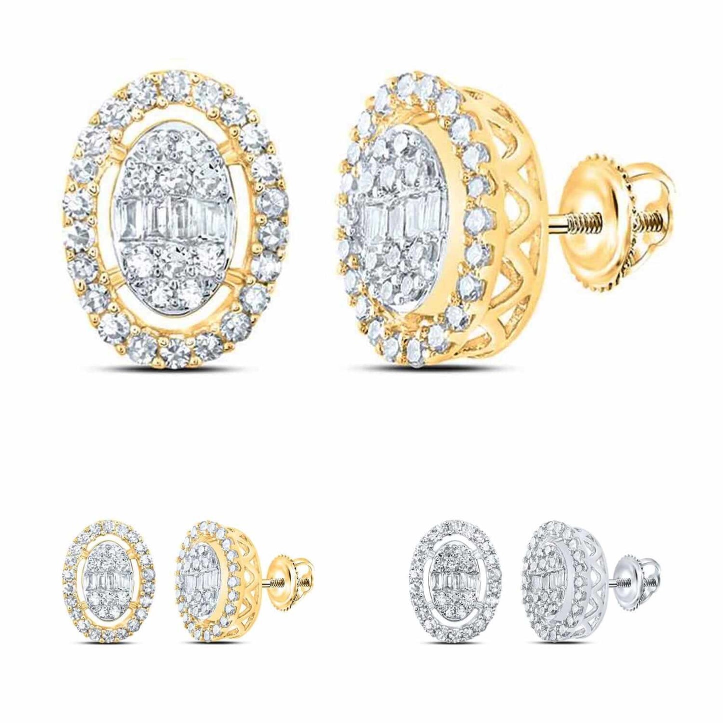 0.40CTW Real Diamond 10K Gold Baguette Round Oval Cluster Stud Earrings