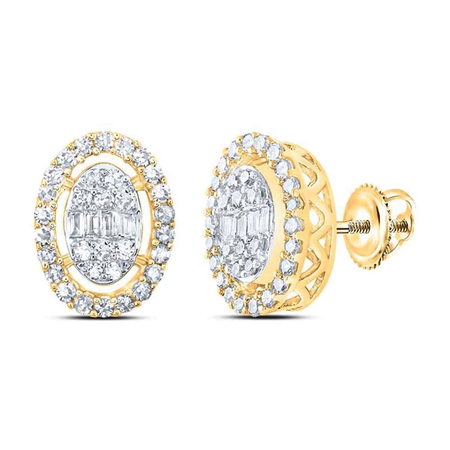 0.40CTW Real Diamond 10K Gold Baguette Round Oval Cluster Stud Earrings