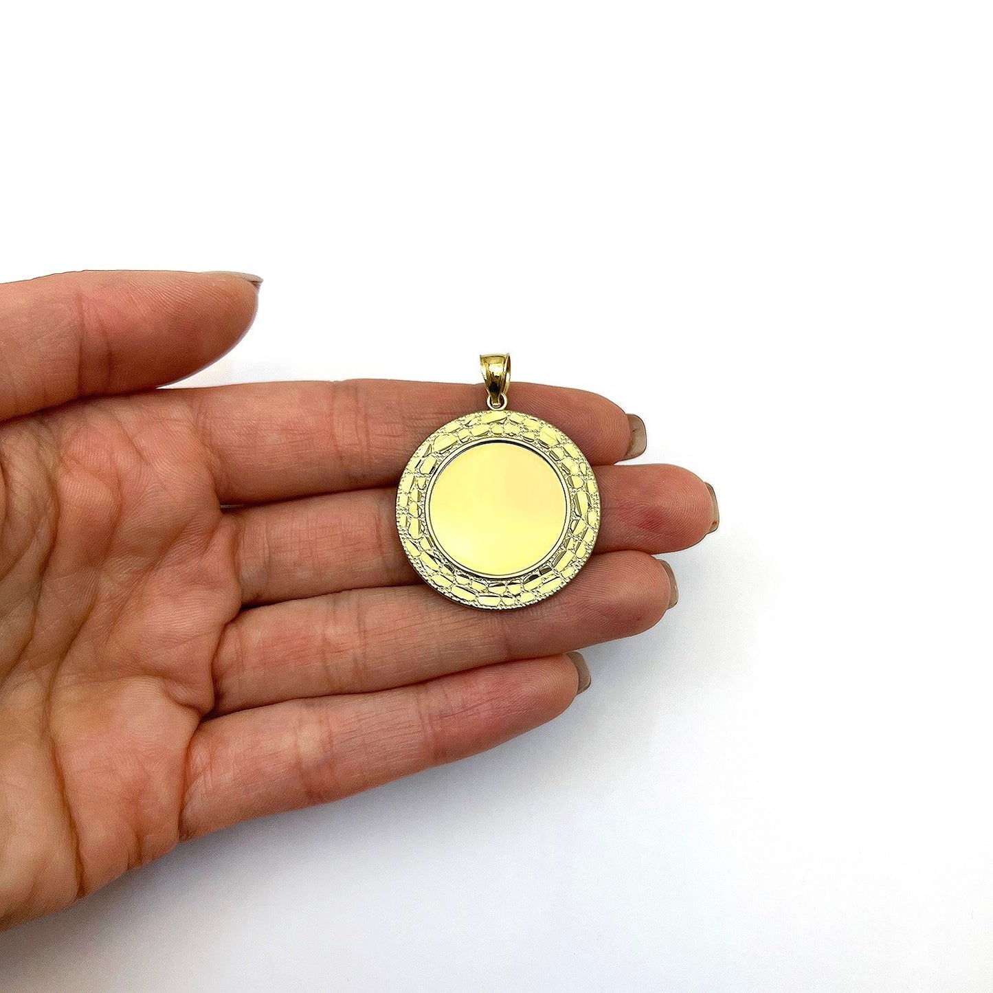 Customizable 10K Yellow Gold Nugget Picture Photo Memory Medallion Pendant 1.5"