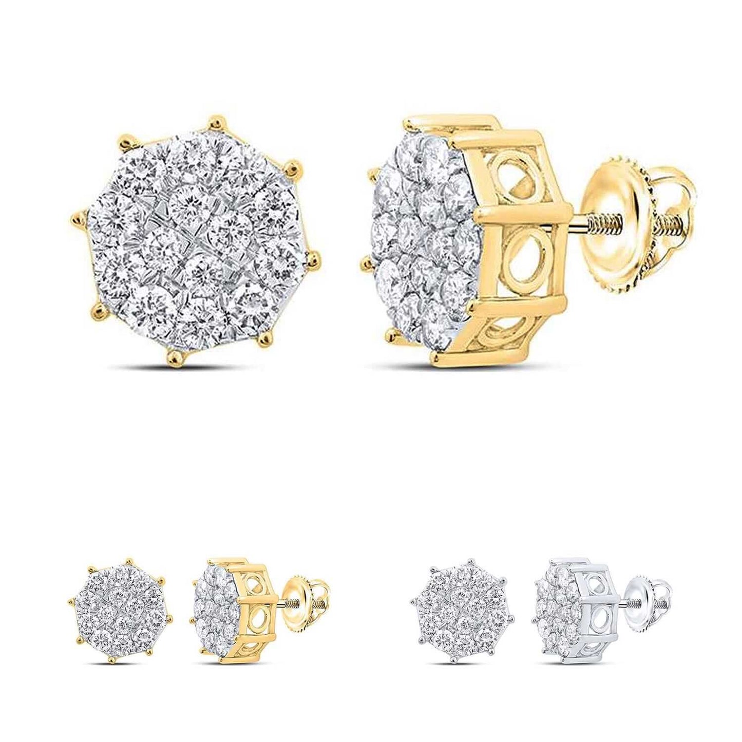 .85CTW Real Diamond 10K Gold Yellow White Round Octagon Cluster Stud Earrings