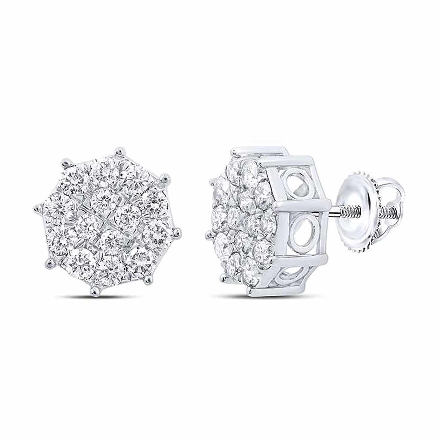 .85CTW Real Diamond 10K Gold Yellow White Round Octagon Cluster Stud Earrings