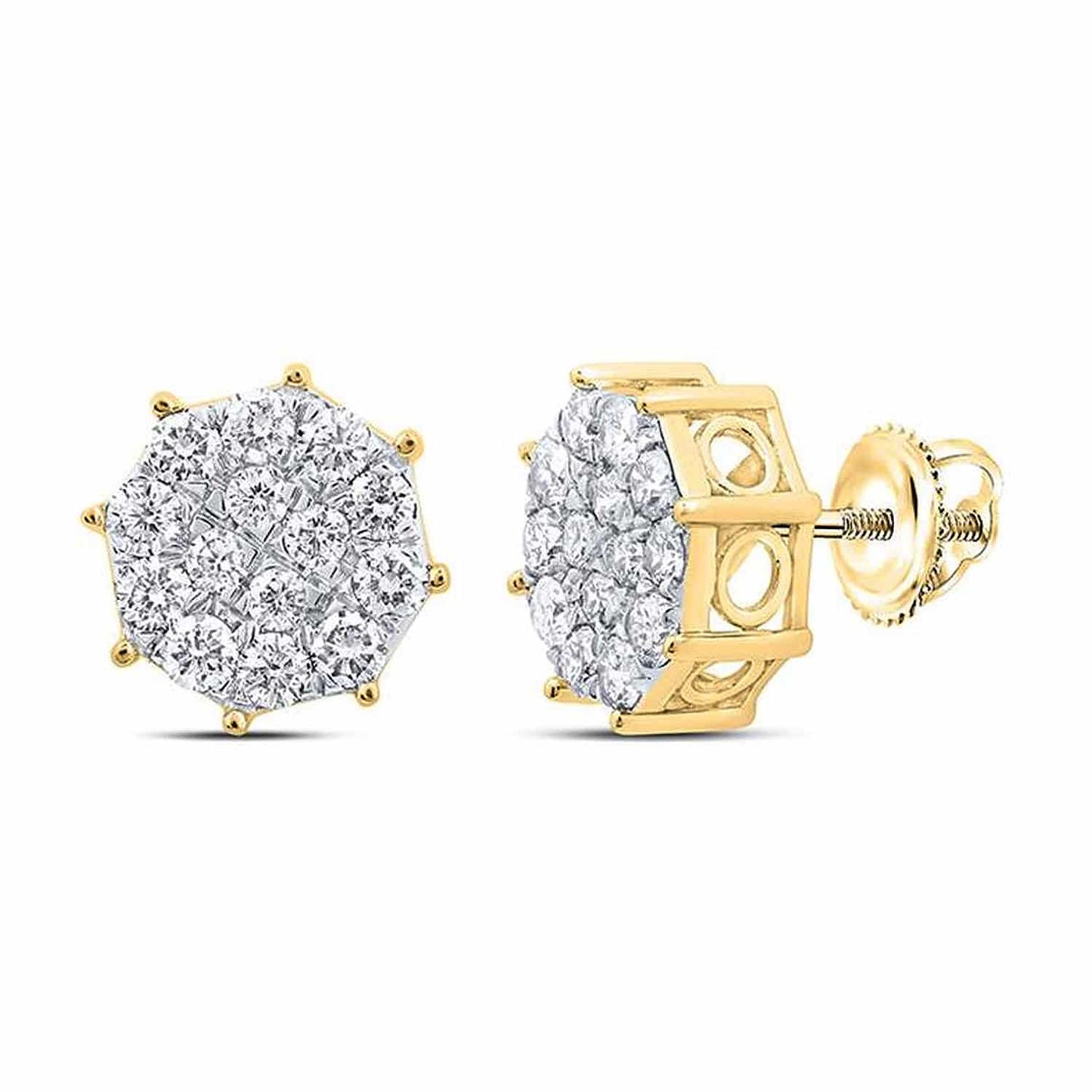 .85CTW Real Diamond 10K Gold Yellow White Round Octagon Cluster Stud Earrings