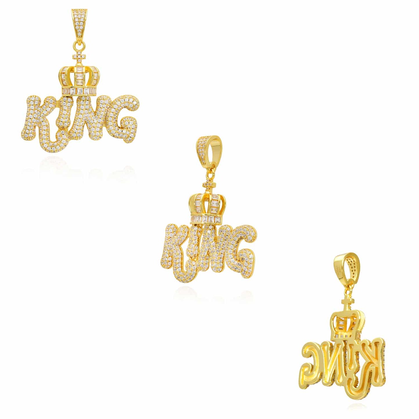 18K Gold Over Silver CZ Pave Puffed KING Crown Pendant