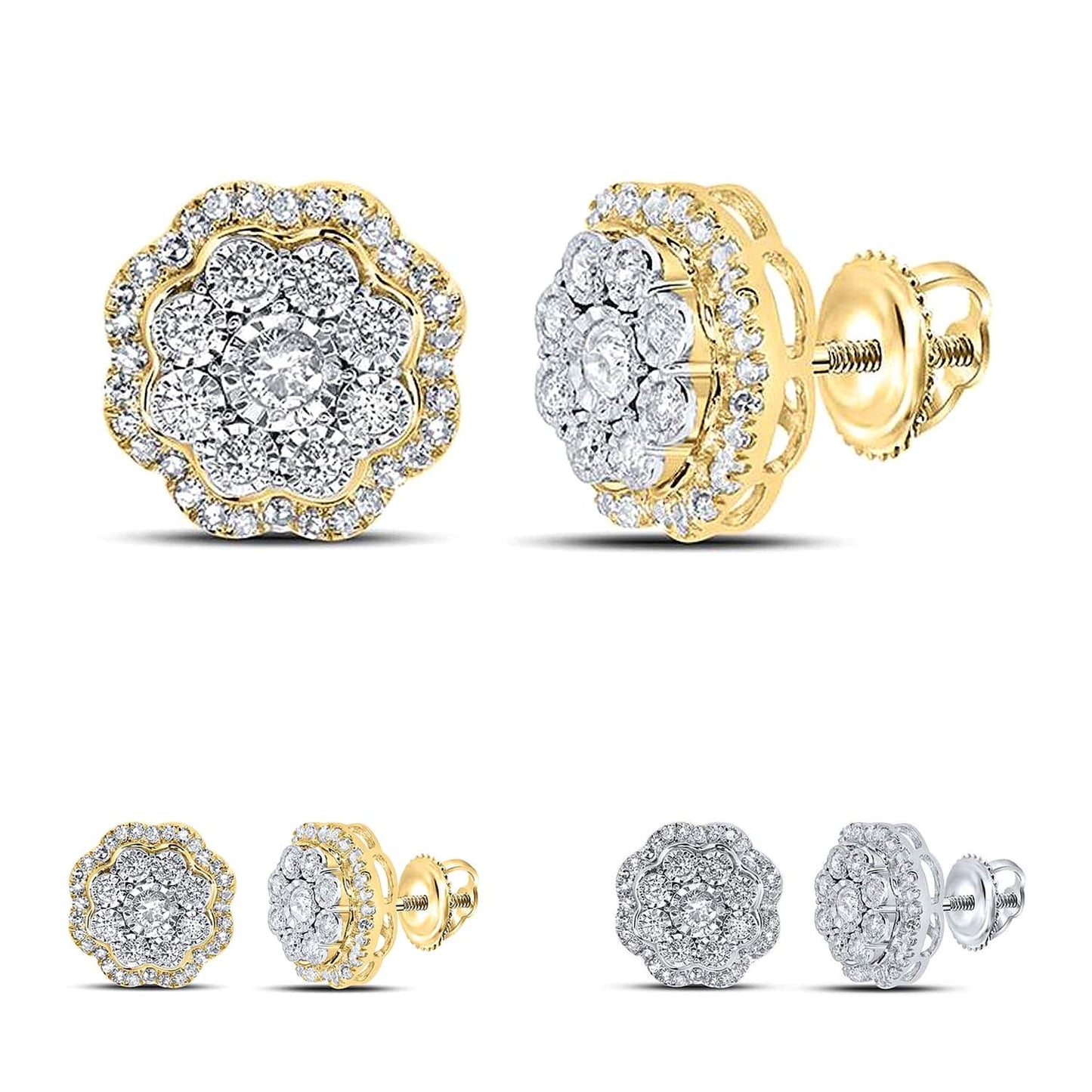0.50CTW Real Diamond 10K Gold Round Flower Cluster Screw Back Earrings
