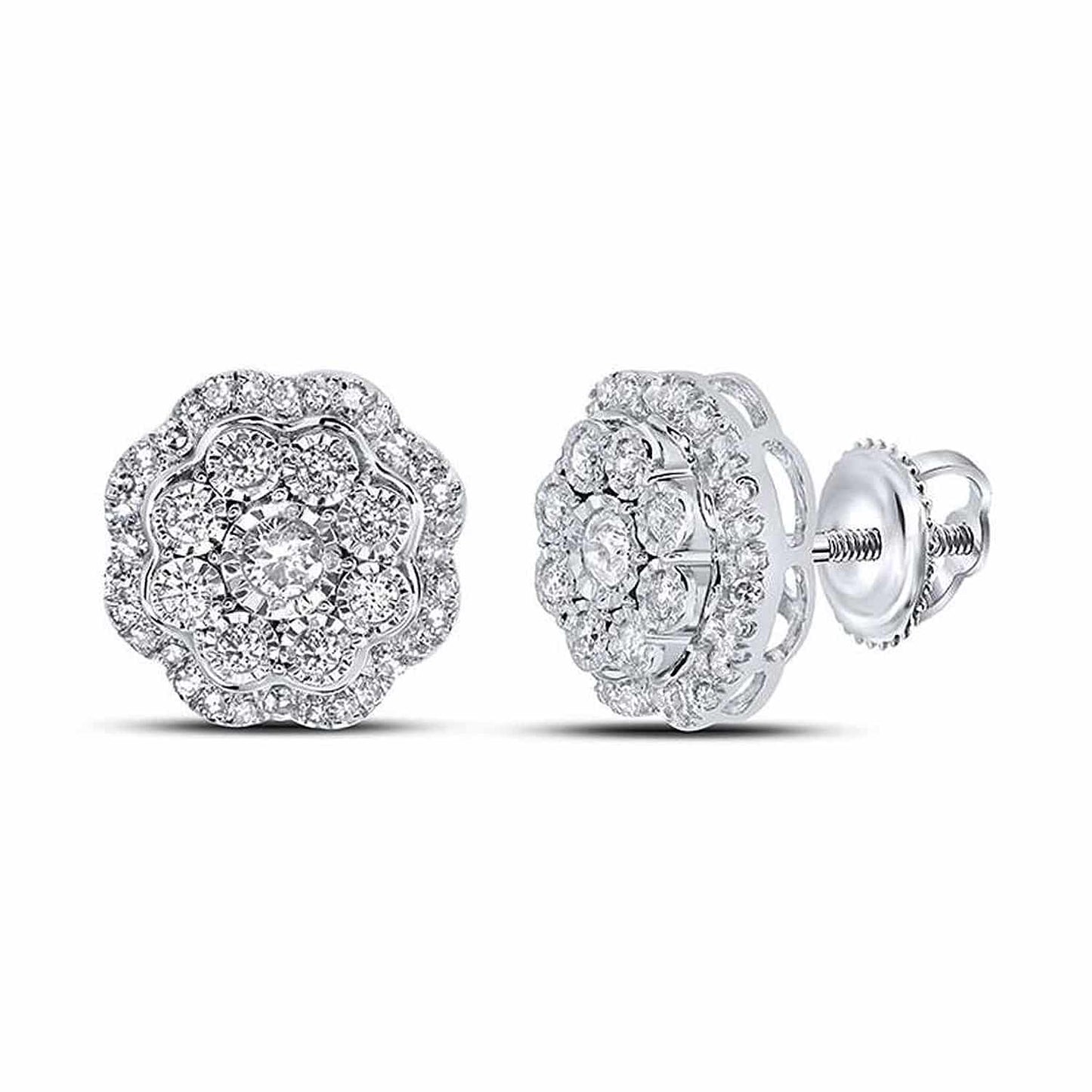 0.50CTW Real Diamond 10K Gold Round Flower Cluster Screw Back Earrings
