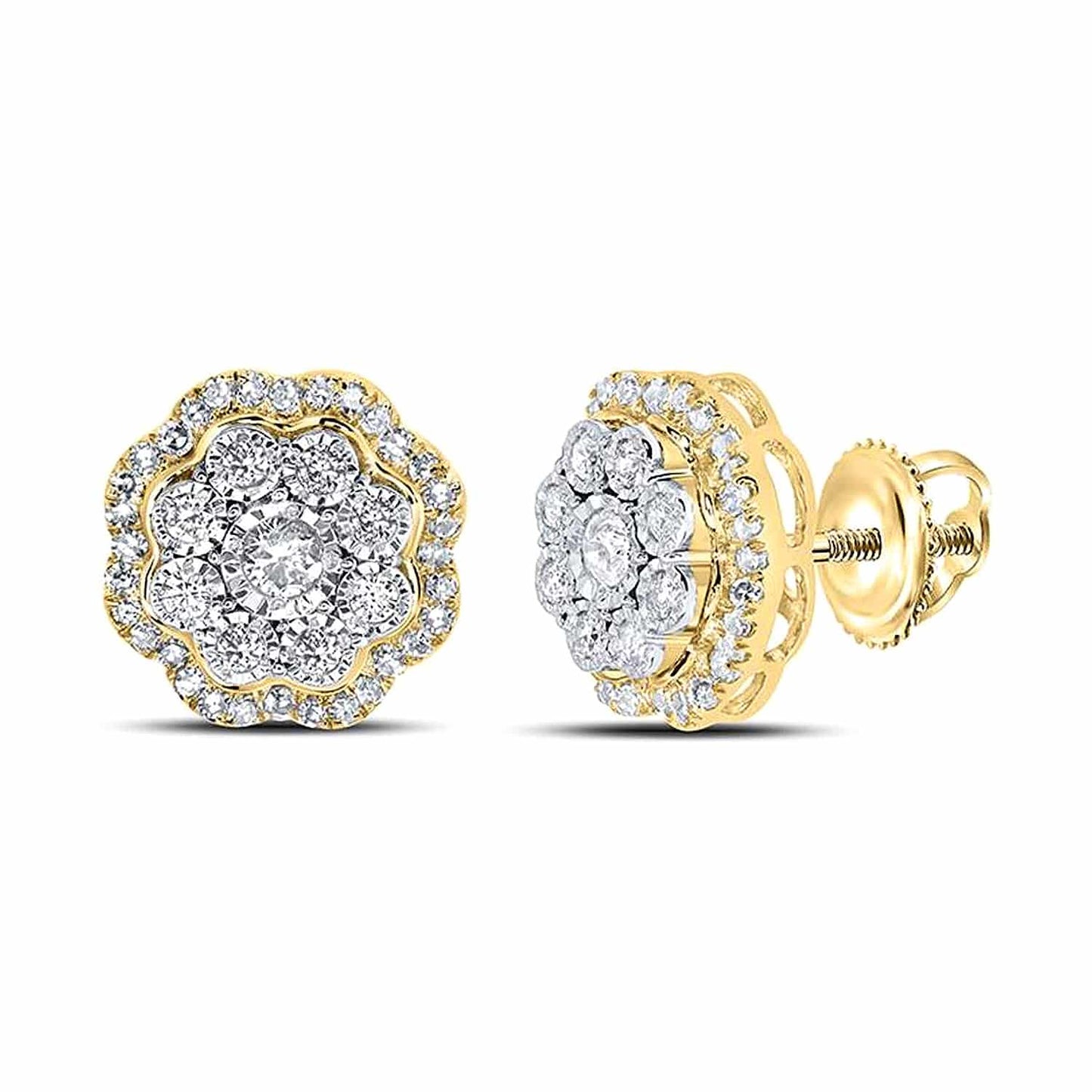 0.50CTW Real Diamond 10K Gold Round Flower Cluster Screw Back Earrings