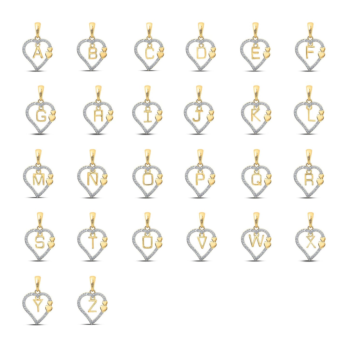 .10CTW Real Diamond 10K Yellow Gold Heart Initial Letter Pendant