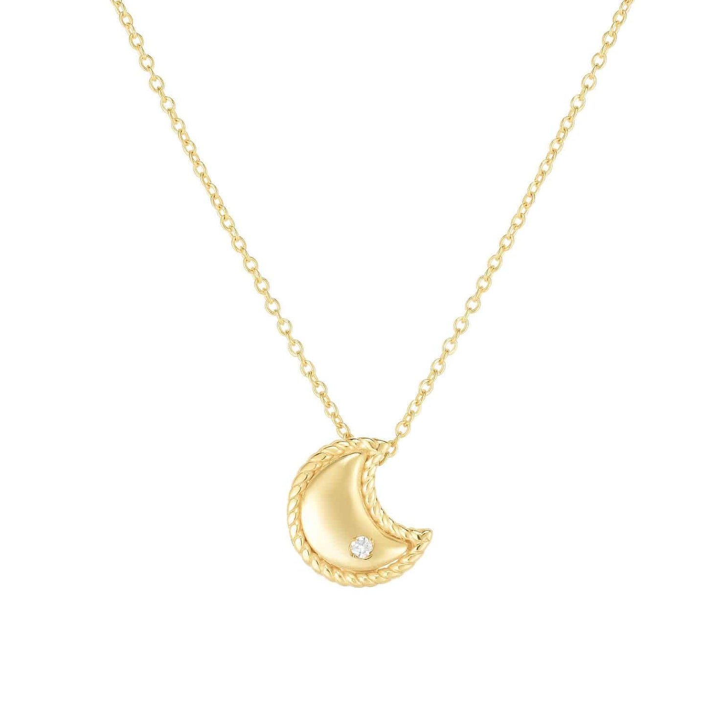 Real Diamond 14K Gold Twisted Rope Moon Pendant Necklace 18" Adjust.
