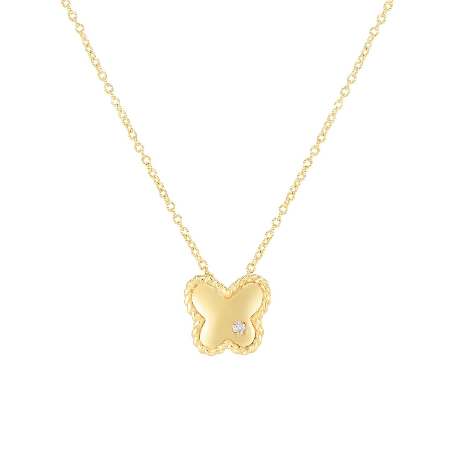 Real Diamond 14K Gold Cable Butterfly Pendant Necklace 18" Adjustable