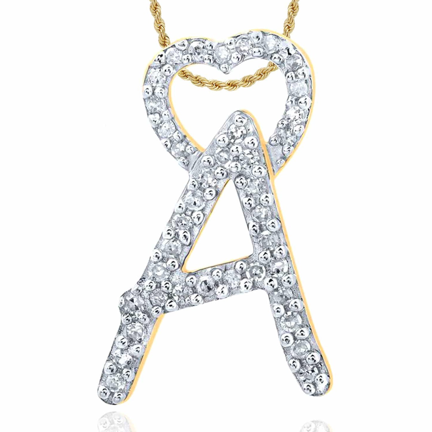 0.12CTW Real Diamond 10K Yellow Gold Initial Letter Heart Pendant