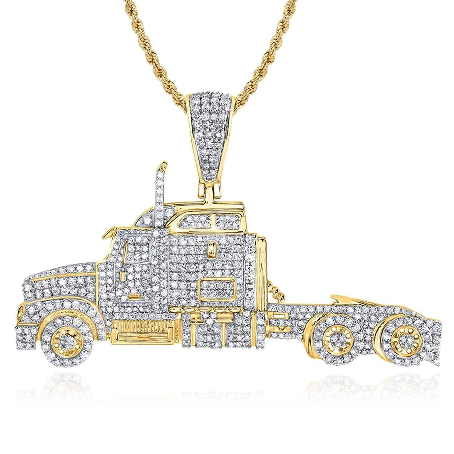 1.25CTW Real Diamond 10K Yellow Gold Pave Truck Charm Pendant