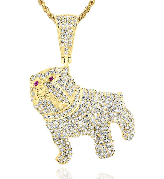 1.50CTW Natural Diamond 10K Yellow Gold Ruby Eyes Frenchie Bulldog Pendant