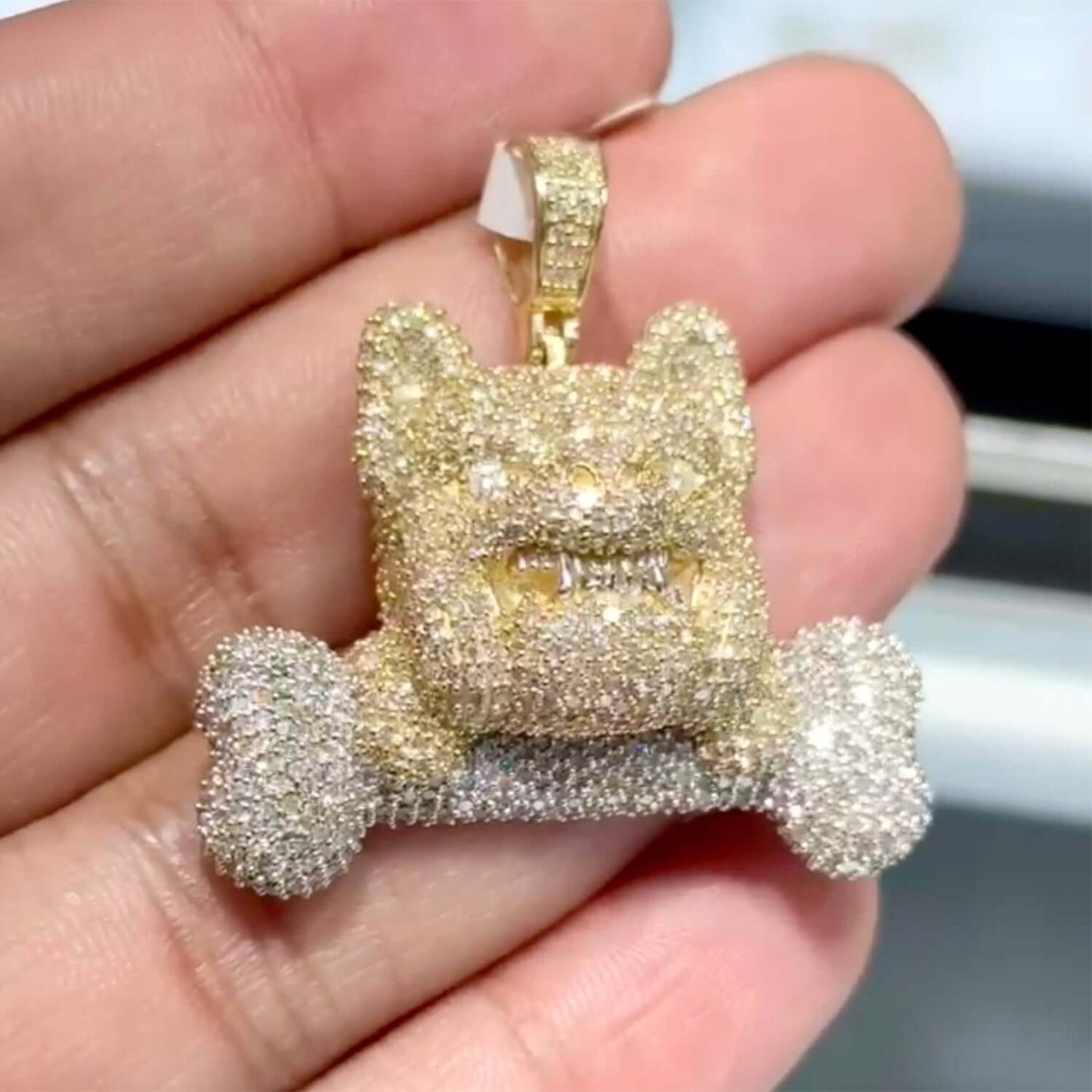 4.05CTW Natural Diamond 10K Yellow Gold Pave Frenchie Bulldog Pendant