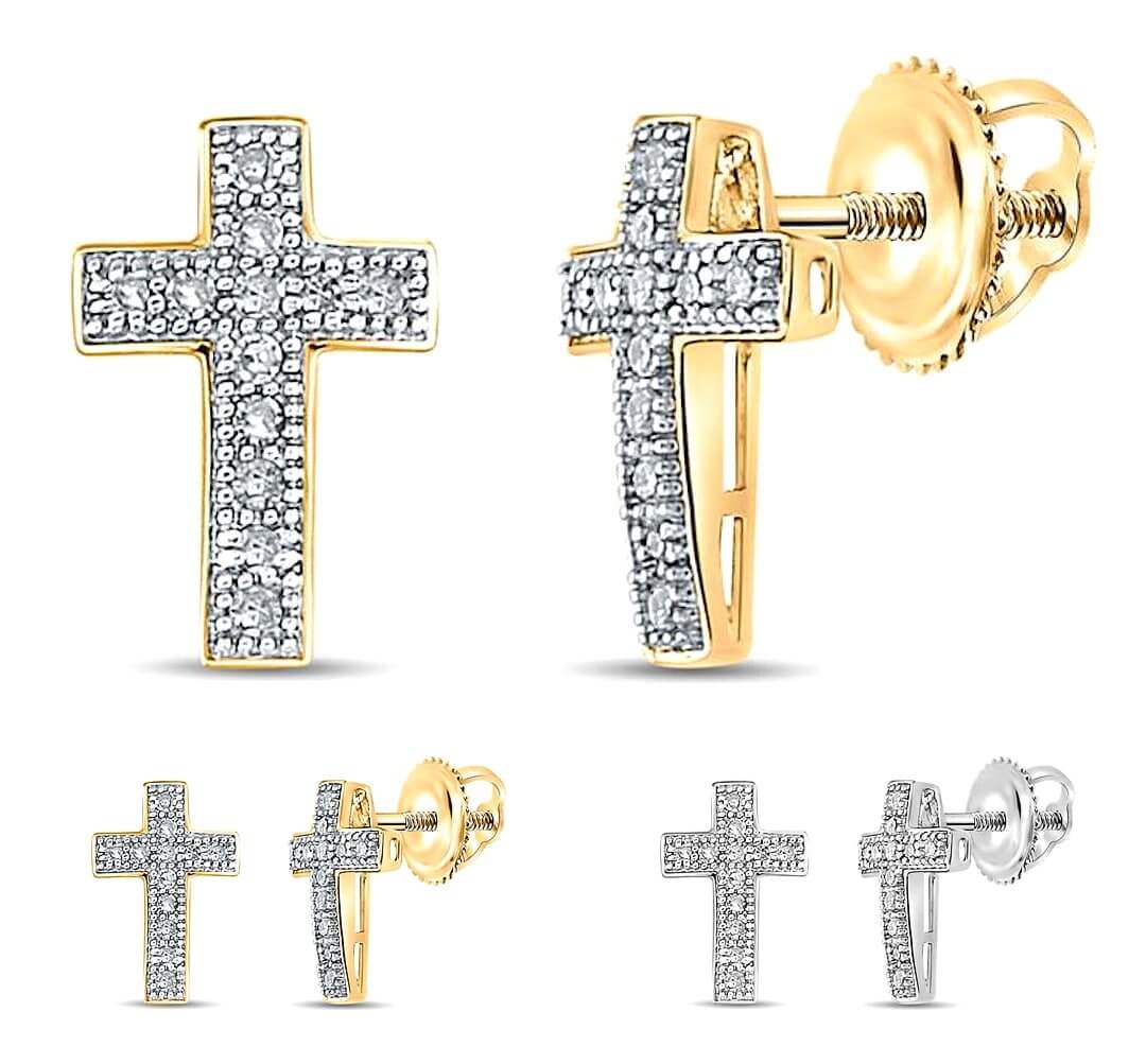 0.10CTW Real Diamond 10K Gold Yellow White Screw Back Cross Stud Earrings