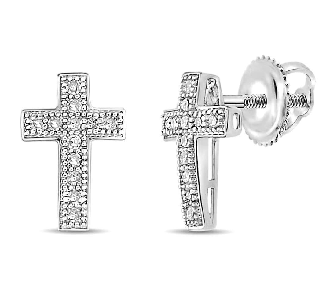 0.10CTW Real Diamond 10K Gold Yellow White Screw Back Cross Stud Earrings
