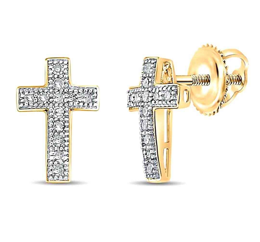 0.10CTW Real Diamond 10K Gold Yellow White Screw Back Cross Stud Earrings