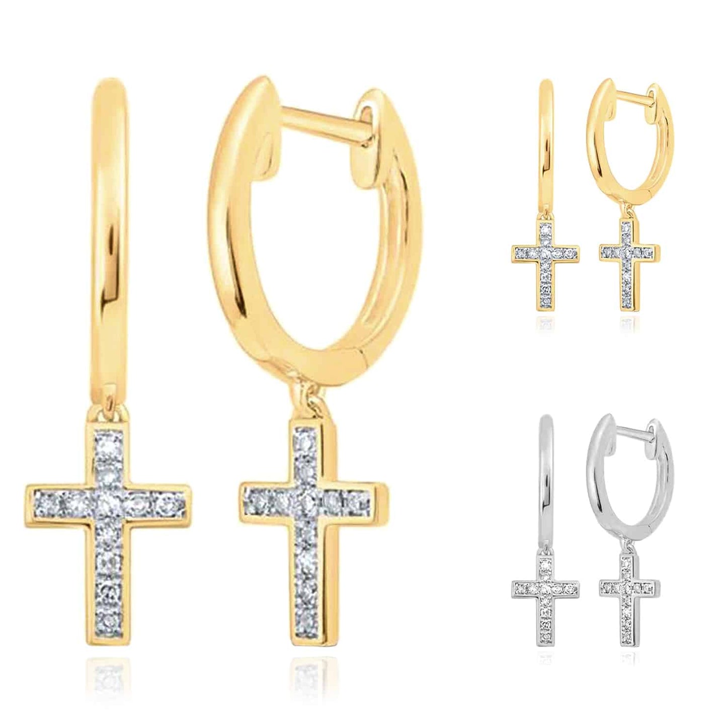 .06CTW Real Diamond 10K Gold Yellow White Cross Huggie Hoop Earrings