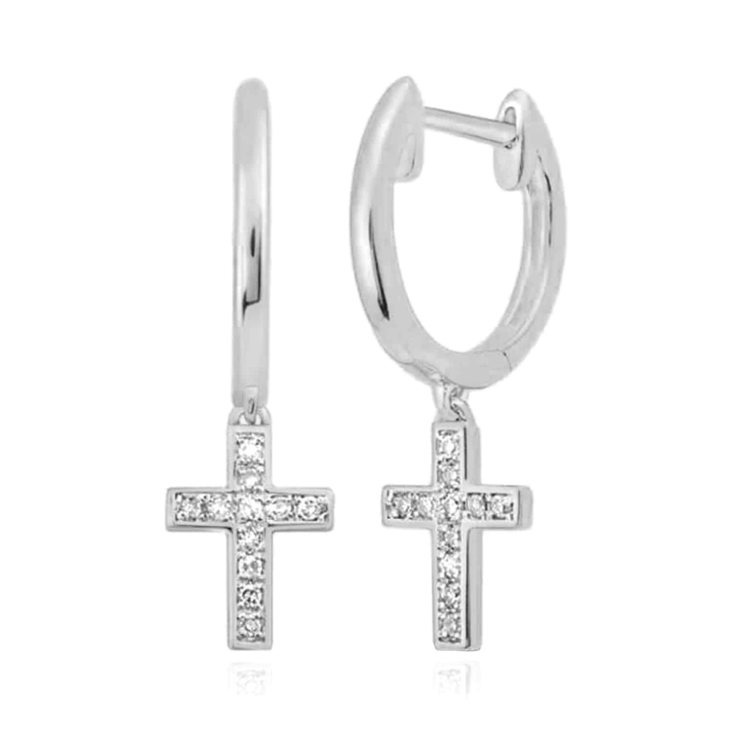 .06CTW Real Diamond 10K Gold Yellow White Cross Huggie Hoop Earrings