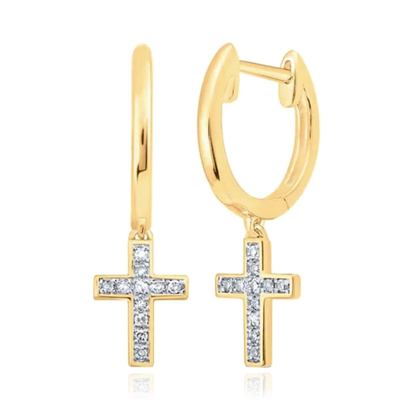 .06CTW Real Diamond 10K Gold Yellow White Cross Huggie Hoop Earrings