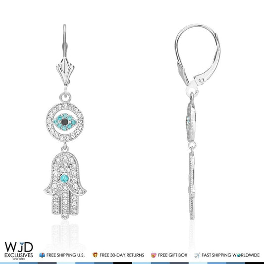 1.10Ct CZ 14K White Gold Hamsa Evil Eye Dangle Leverback Earrings