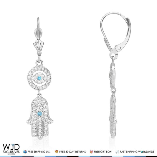 1.10Ct CZ 14K White Gold Hamsa Evil Eye Dangle Leverback Earrings
