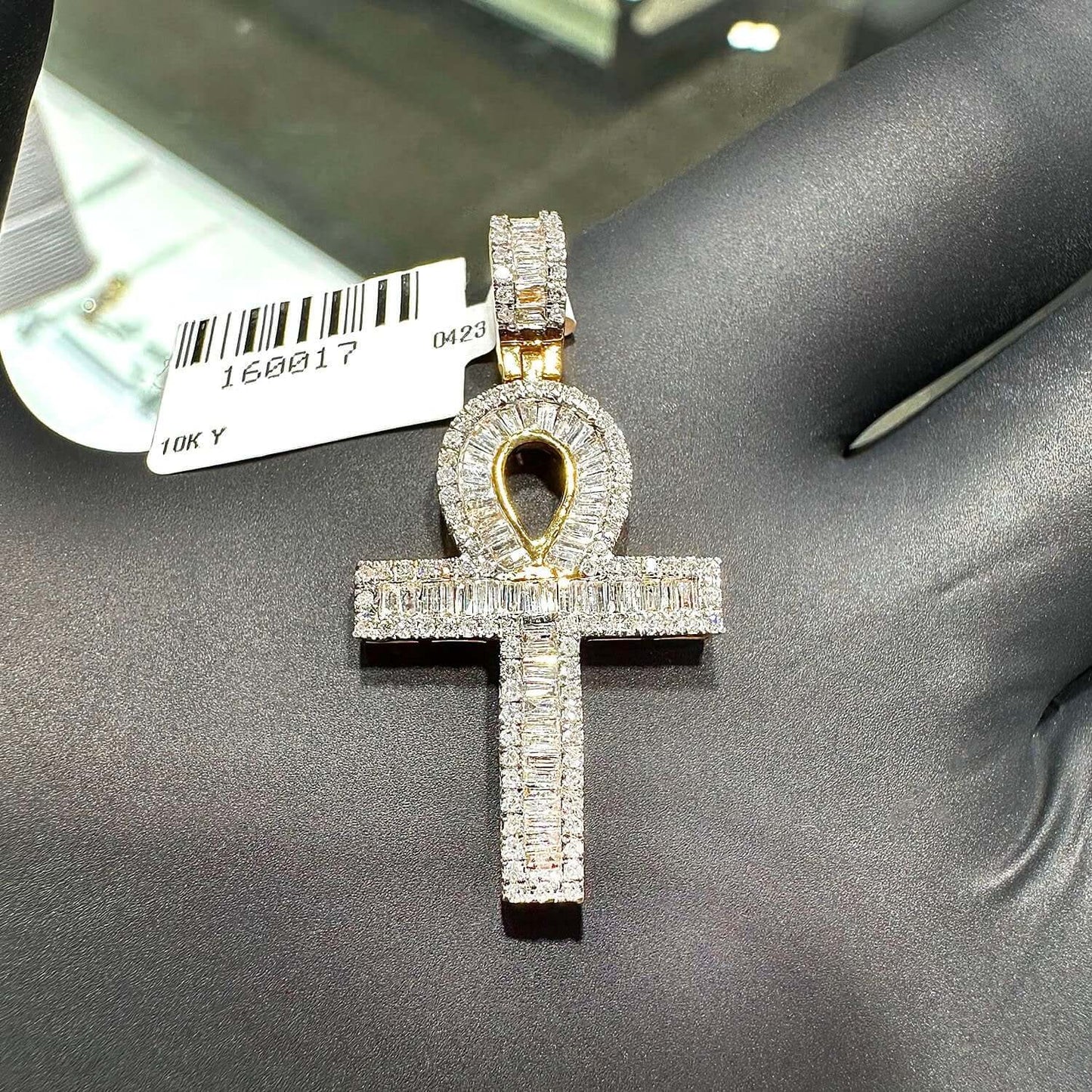 .75CTW Real Diamond Real 10K Gold Ankh Cross Charm Pendant 1.4"