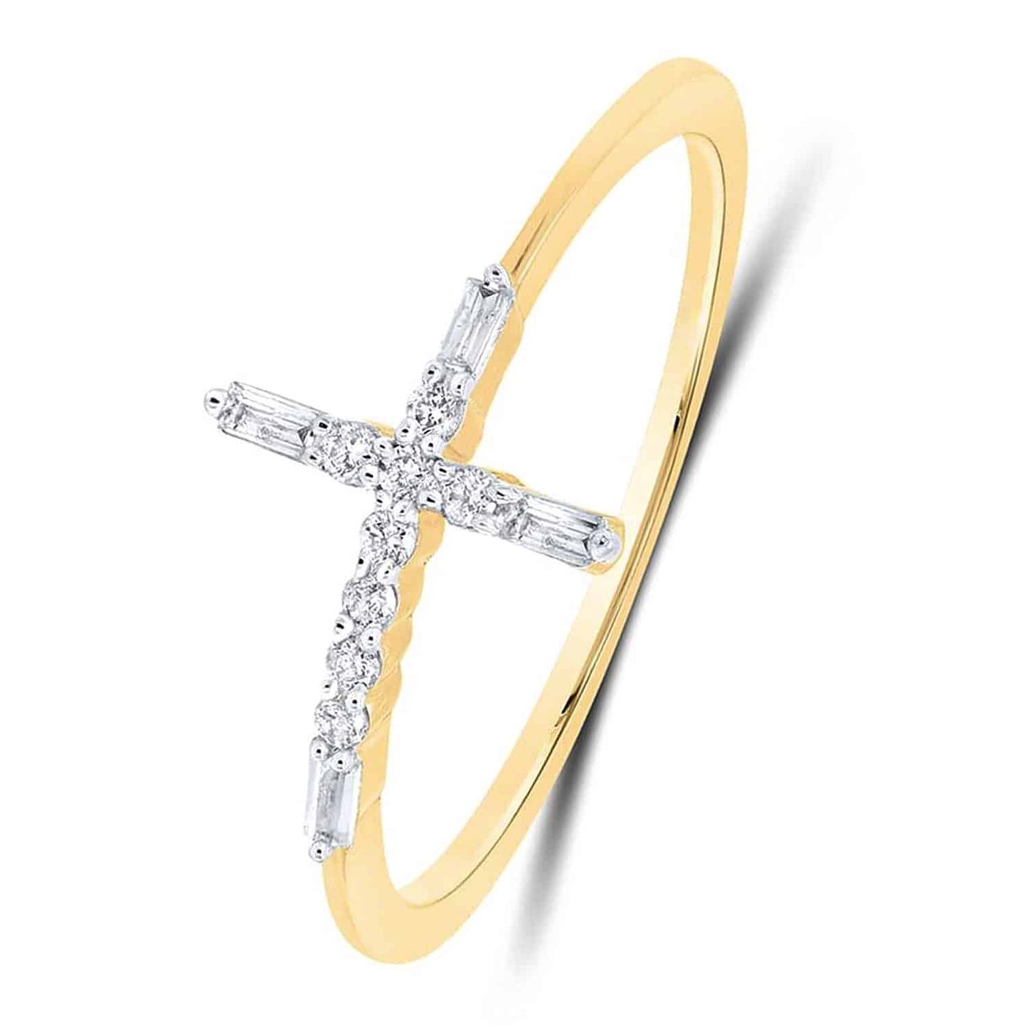 0.10CTW Real Diamond 10K Yellow Gold Round Baguette Sideways Cross Ring