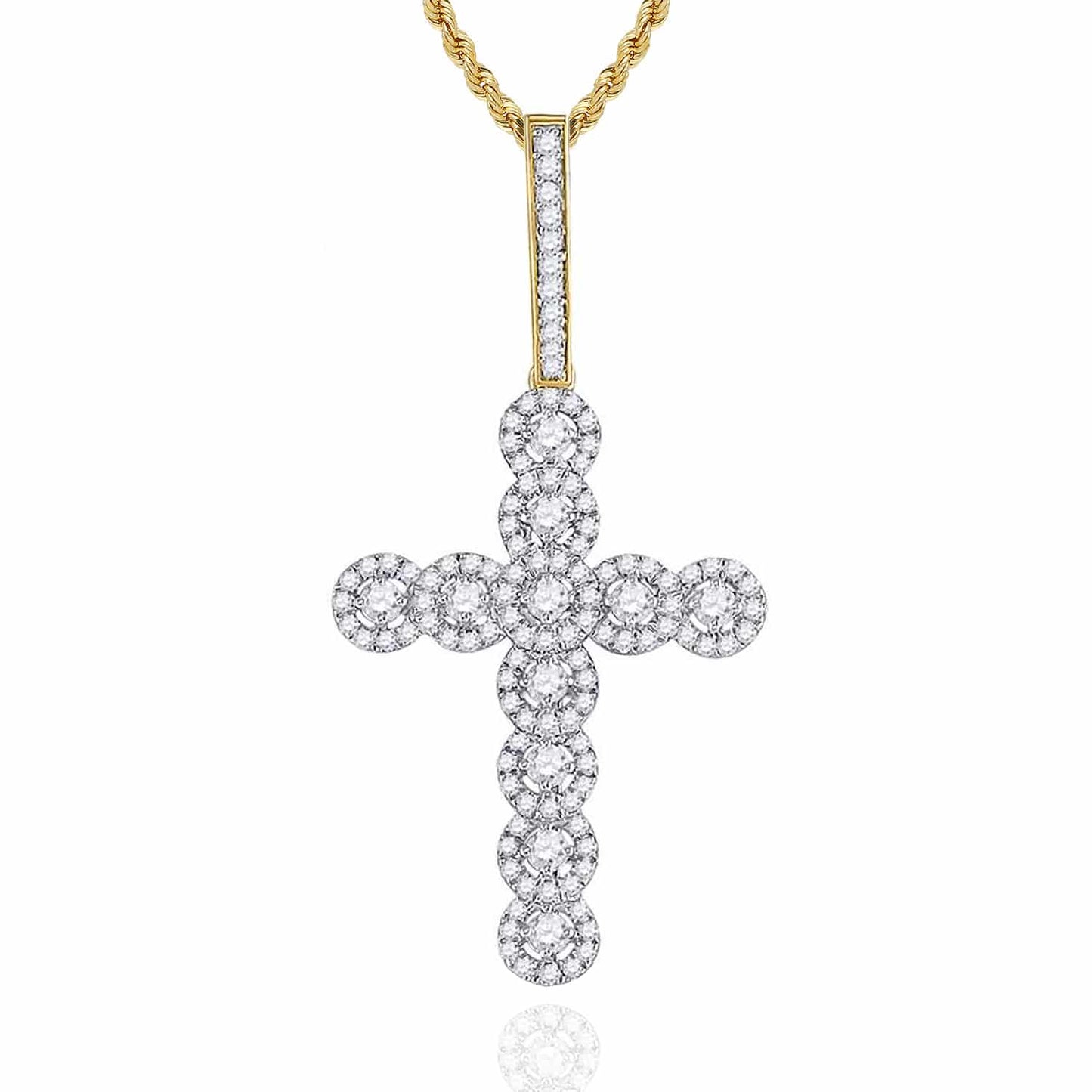 .75CTW Real Diamond 10K Gold Yellow White Round Halo Cross Pendant