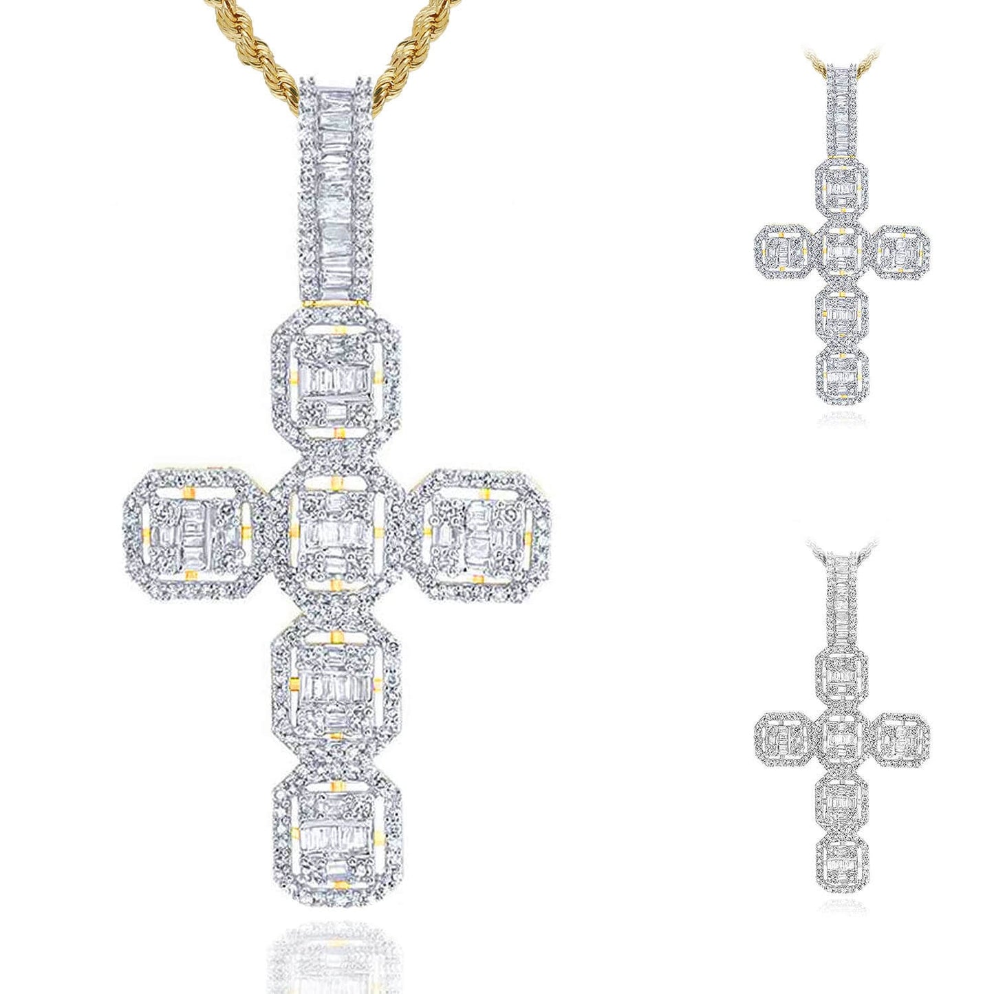1.10CTW Real Diamond Round Baguette 10K Gold Yellow White Cross Pendant