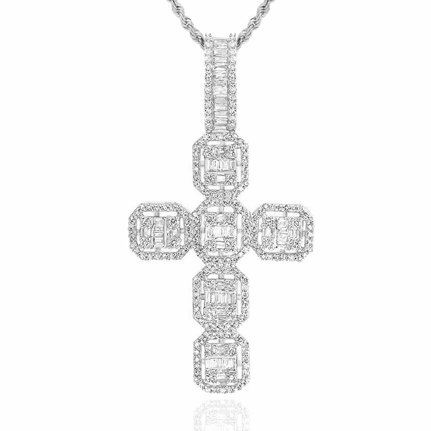 1.10CTW Real Diamond Round Baguette 10K Gold Yellow White Cross Pendant