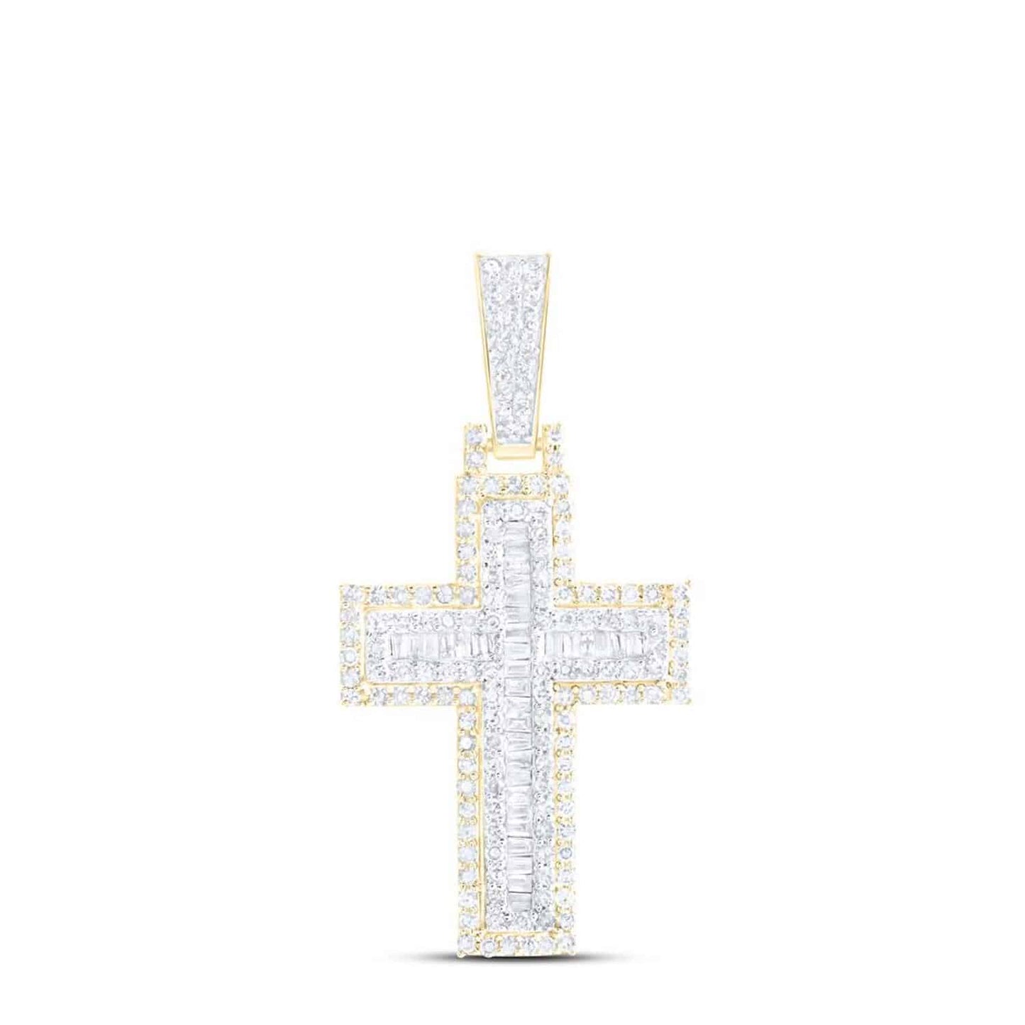 Real Diamond Round Baguette 10K Yellow Gold Cross Pendant 1.2"- 1.8"