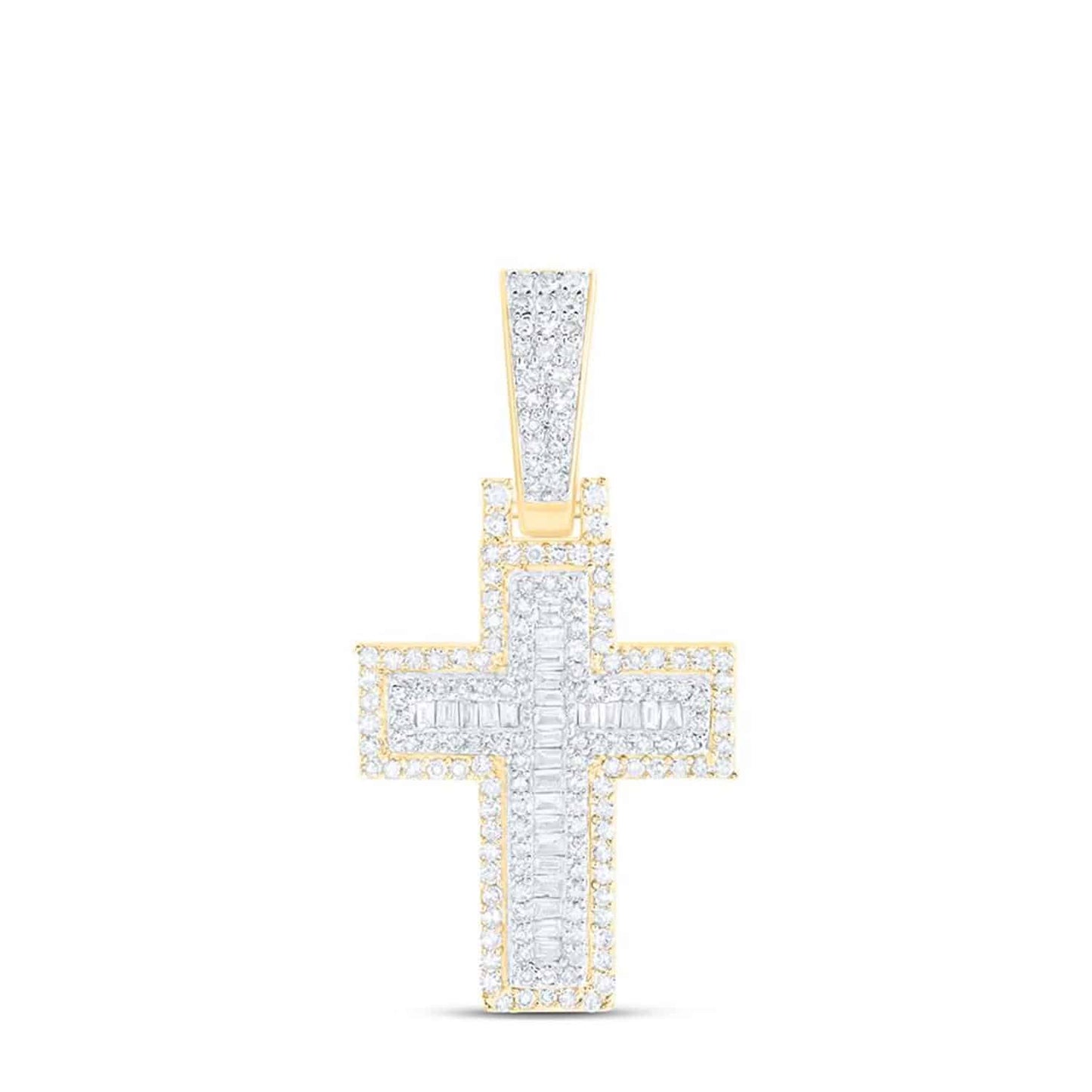 Real Diamond Round Baguette 10K Yellow Gold Cross Pendant 1.2"- 1.8"