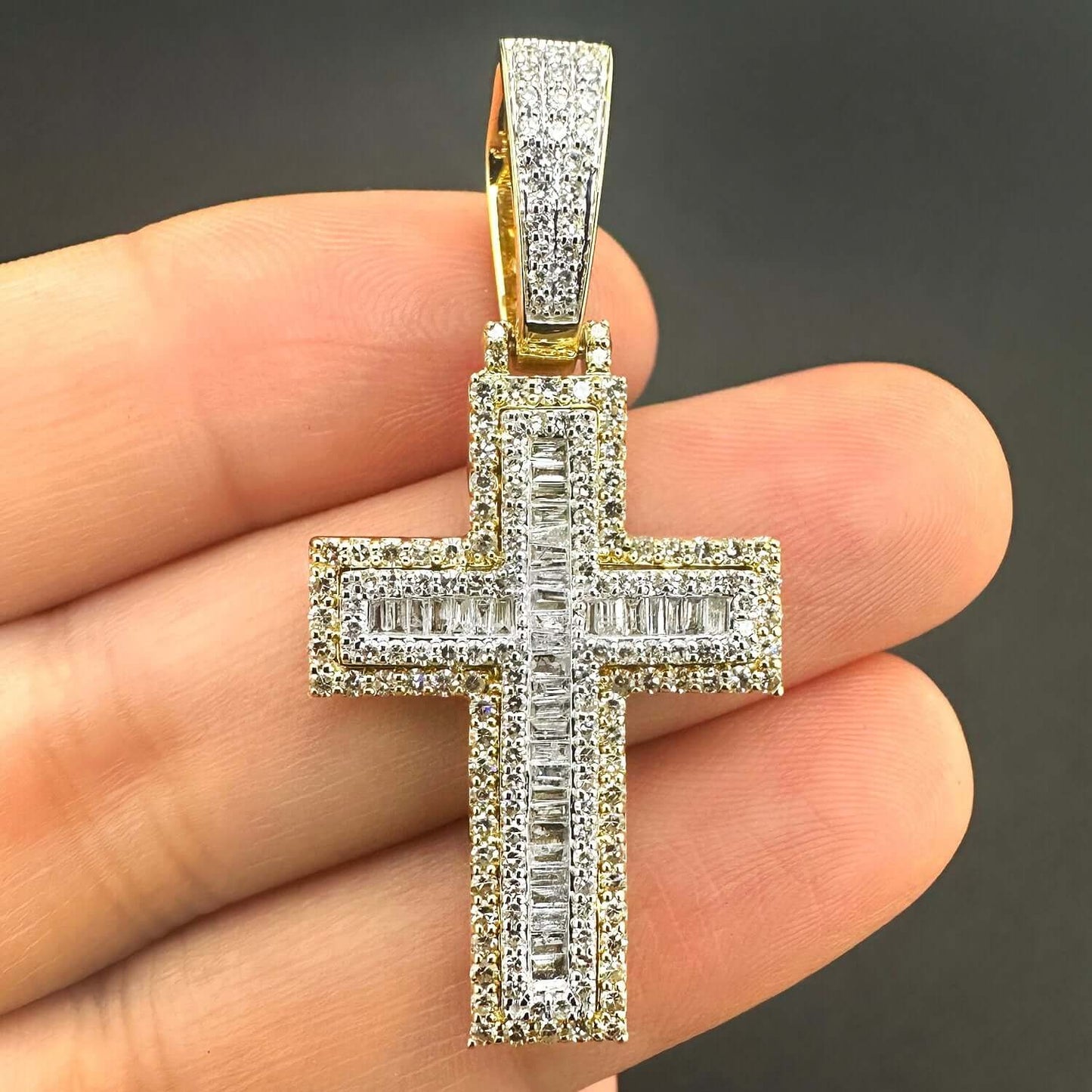 Real Diamond Round Baguette 10K Yellow Gold Cross Pendant 1.2"- 1.8"