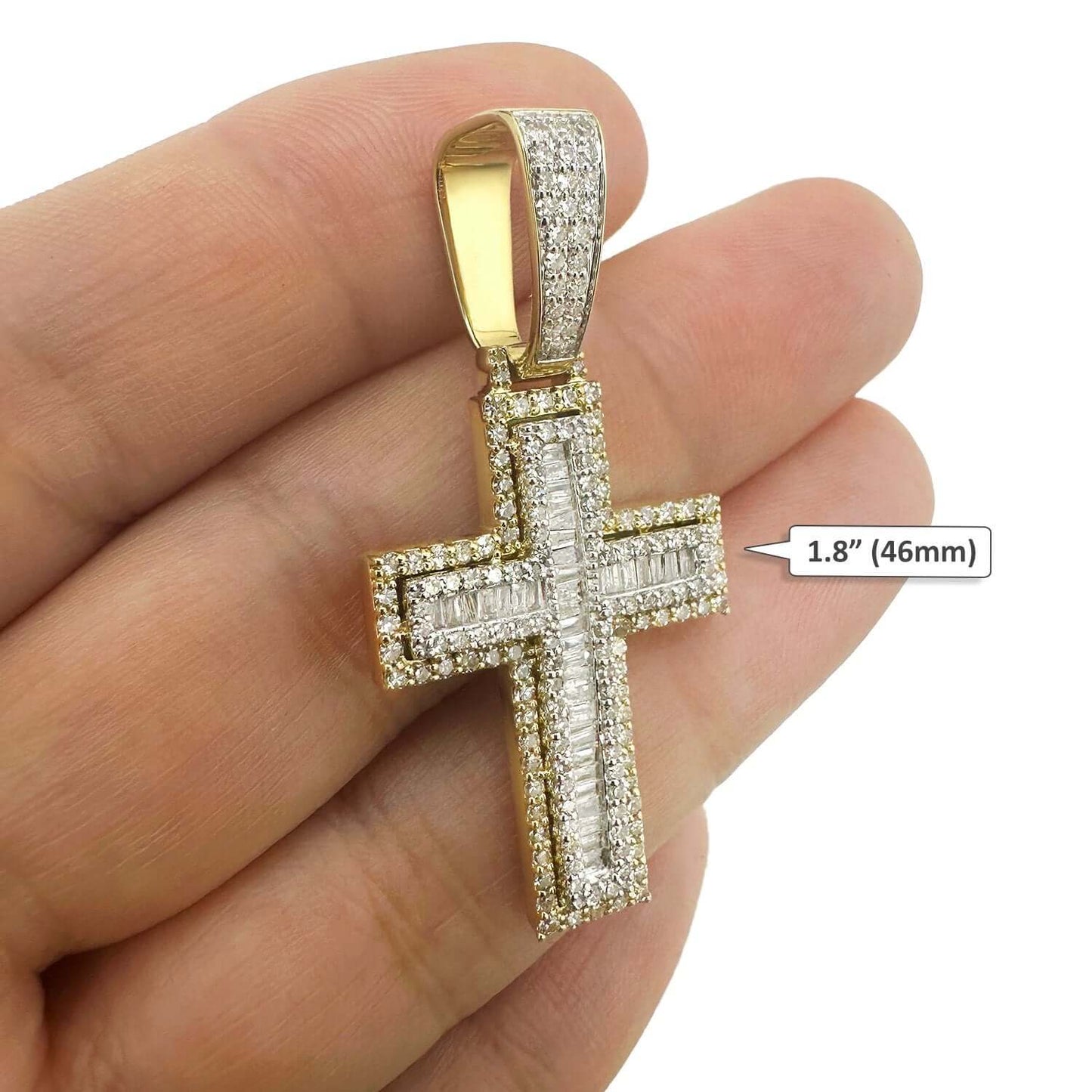 Real Diamond Round Baguette 10K Yellow Gold Cross Pendant 1.2"- 1.8"