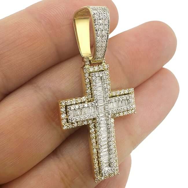 Real Diamond Round Baguette 10K Yellow Gold Cross Pendant 1.2"- 1.8"