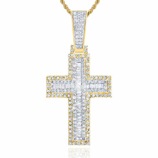 Natural Diamond Round Baguette 10K Yellow Gold Cross Pendant 1.2"- 1.8"