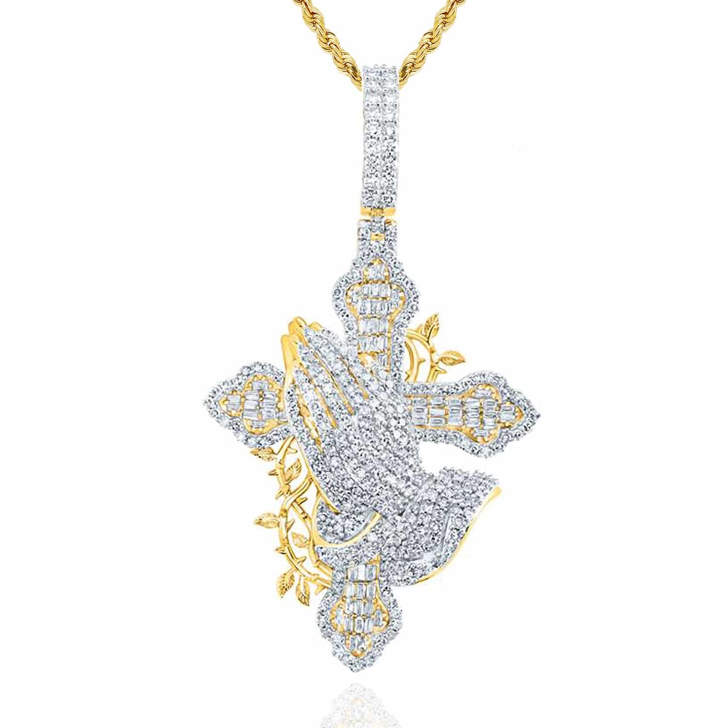 2.08CTW Real Diamond 10K Yellow Gold Praying Hands Cross Charm Pendant
