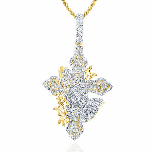 2.08CTW Natural Diamond 10K Yellow Gold Praying Hands Cross Pendant