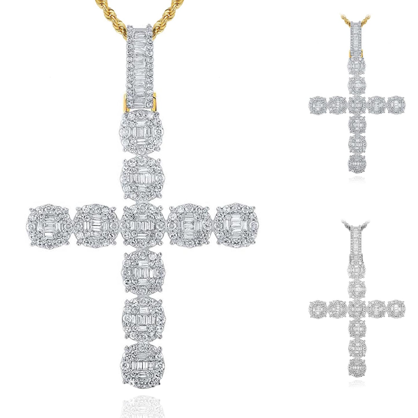 1.90CTW Real Diamond 10K Gold Yellow White Baguette Cluster Cross Pendant
