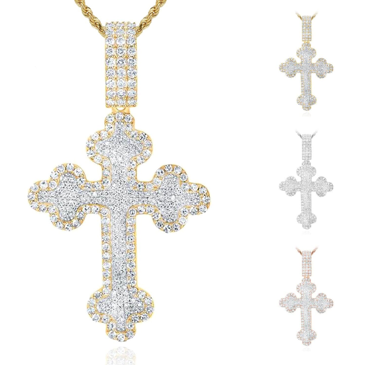 2CTW Real Diamond 10K Gold Yellow White Rose Pave Orthodox Cross Pendant