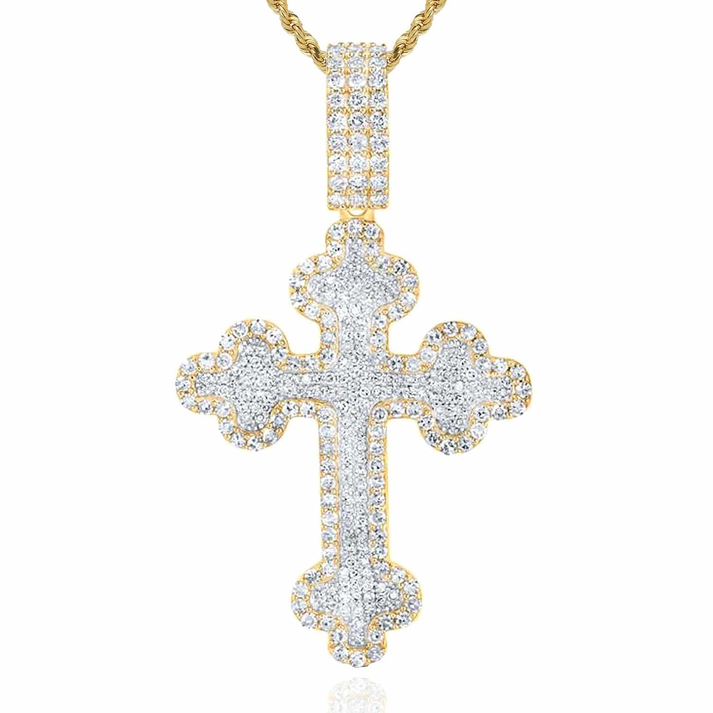2CTW Real Diamond 10K Gold Yellow White Rose Pave Orthodox Cross Pendant
