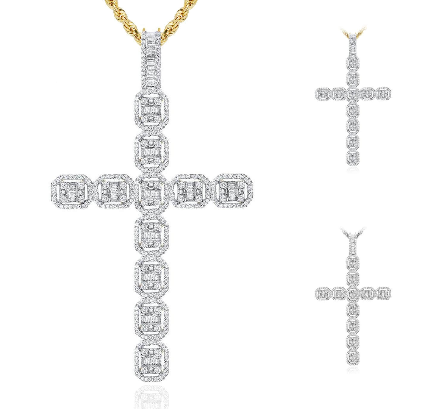 2.35CTW Real Diamond Baguette Round 10K Gold Cluster Cross Pendant