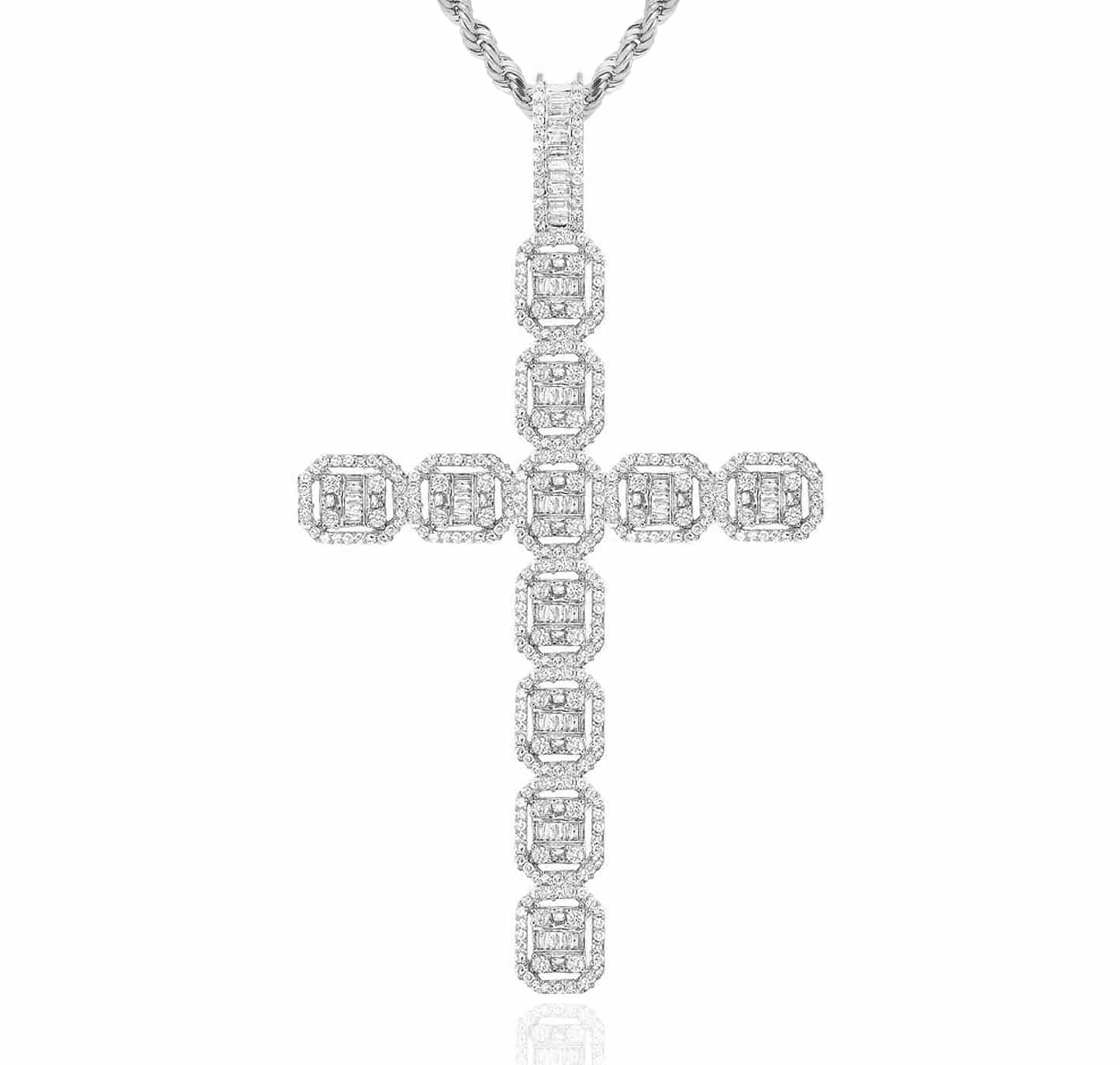2.35CTW Real Diamond Baguette Round 10K Gold Cluster Cross Pendant