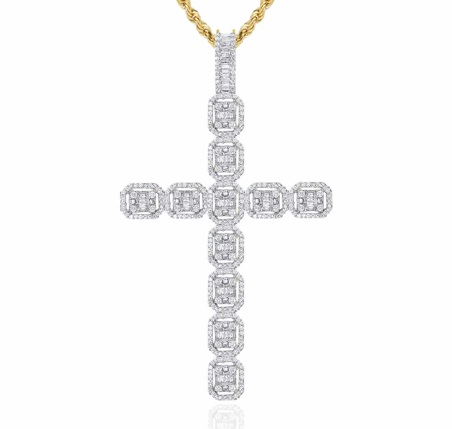 2.35CTW Real Diamond Baguette Round 10K Gold Cluster Cross Pendant