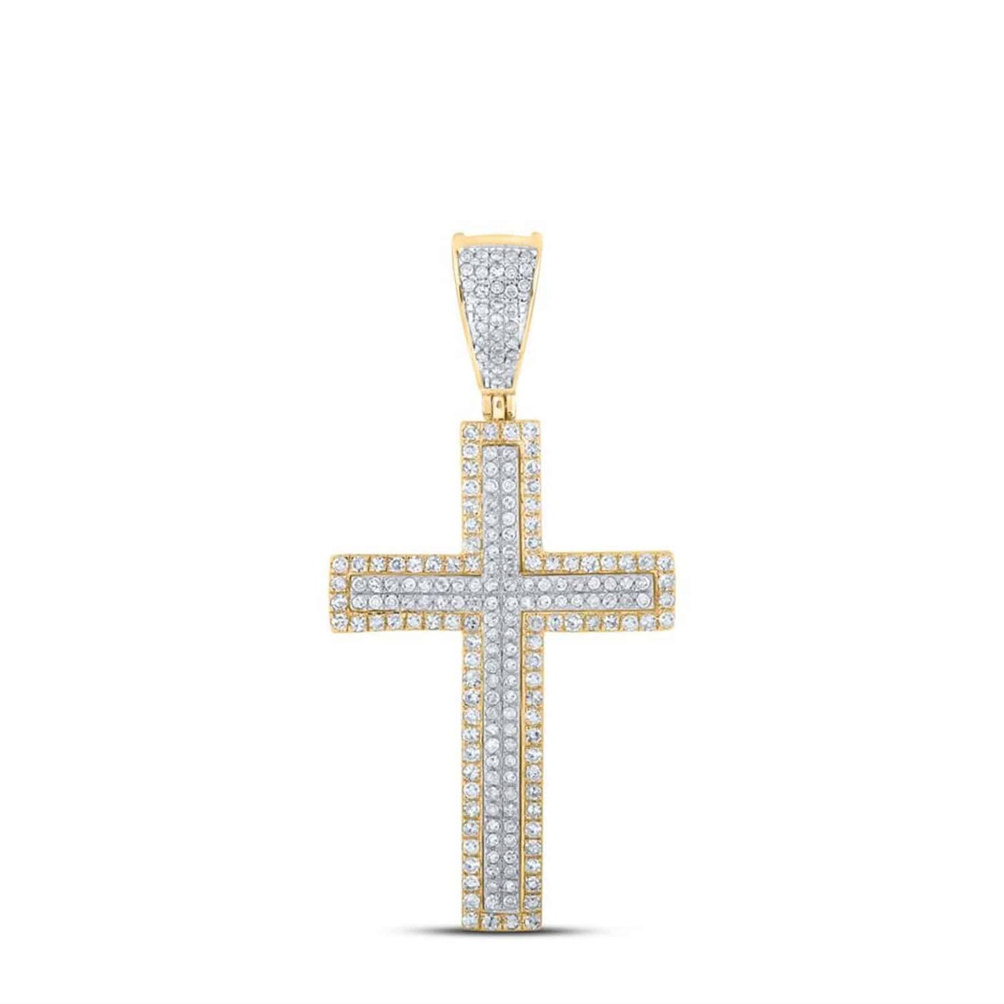 .75CTW Real Diamond 14K Gold Two-Tone Yellow White Pave Cross Pendant 1.6"