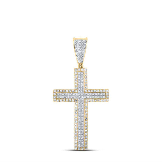 .75CTW Natural Diamond 14K Gold Two-Tone Yellow White Pave Cross Pendant 1.6"